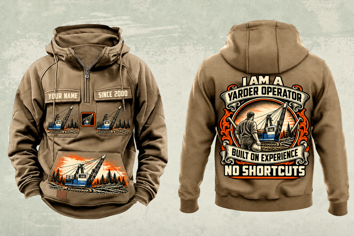 Personalized T-MAR Log Champ 550 Yarder Operator Vintage Hoodie in kaki, front and back artwork with YOUR NAME and SINCE 2000 sample text.
