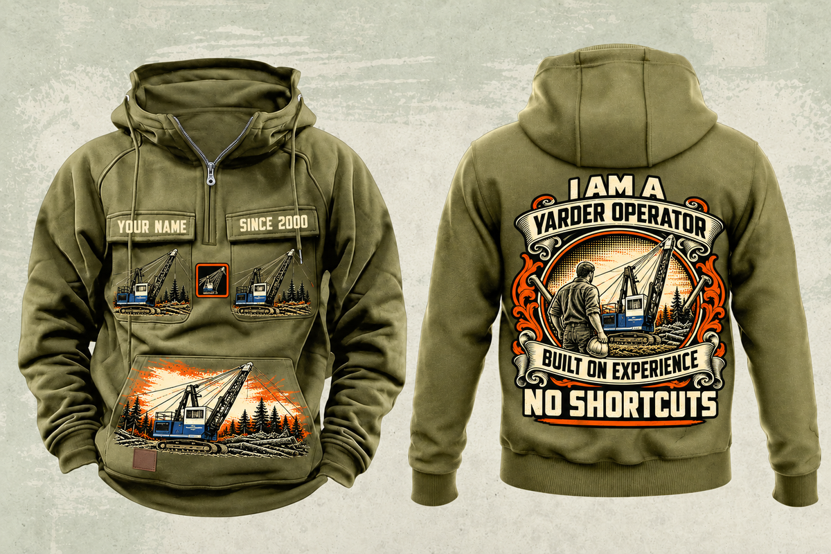 Personalized T-MAR Log Champ 550 Yarder Operator Vintage Hoodie in military-green, front and back artwork with YOUR NAME and SINCE 2000 sample text.
