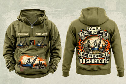 Personalized T-MAR Log Champ 550 Yarder Operator Vintage Hoodie in military-green, front and back artwork with YOUR NAME and SINCE 2000 sample text.