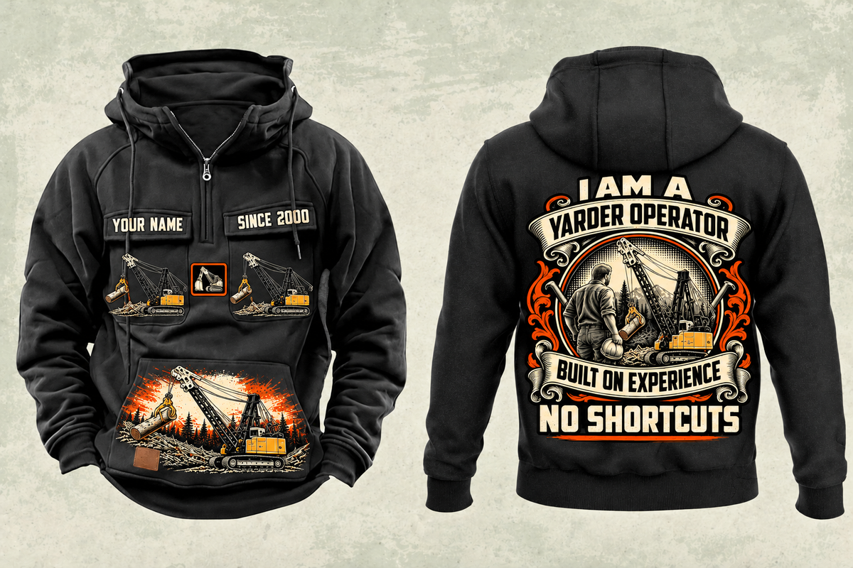Personalized T-MAR Log Champ 650 Yarder Operator Vintage Hoodie in black, front and back artwork with YOUR NAME and SINCE 2000 sample text.