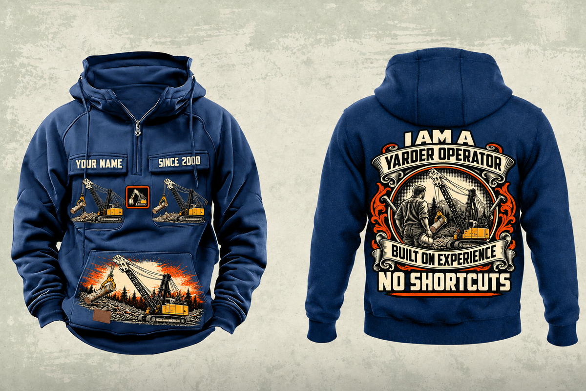 Personalized T-MAR Log Champ 650 Yarder Operator Vintage Hoodie in dark-blue, front and back artwork with YOUR NAME and SINCE 2000 sample text.