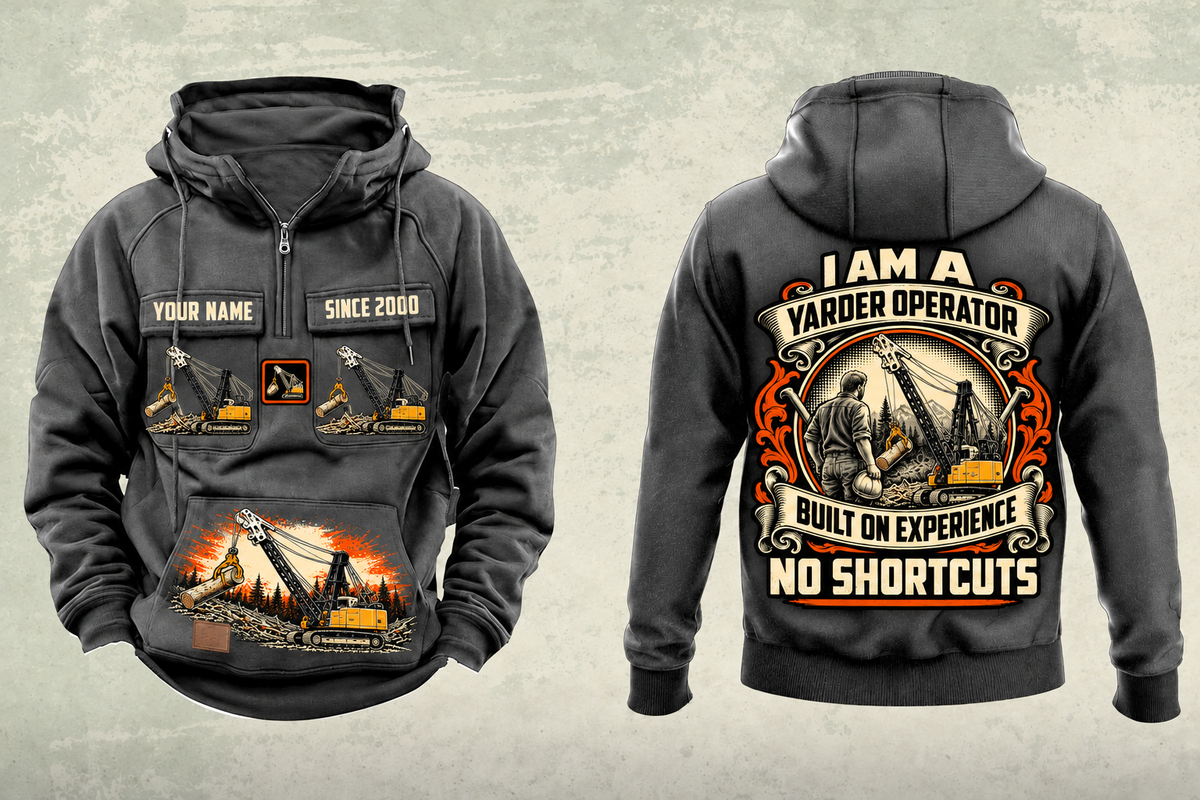 Personalized T-MAR Log Champ 650 Yarder Operator Vintage Hoodie in dark-gray, front and back artwork with YOUR NAME and SINCE 2000 sample text.