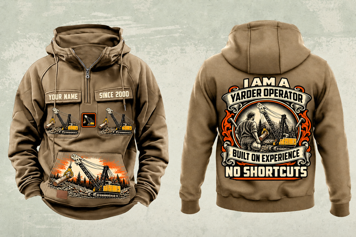 Personalized T-MAR Log Champ 650 Yarder Operator Vintage Hoodie in kaki, front and back artwork with YOUR NAME and SINCE 2000 sample text.