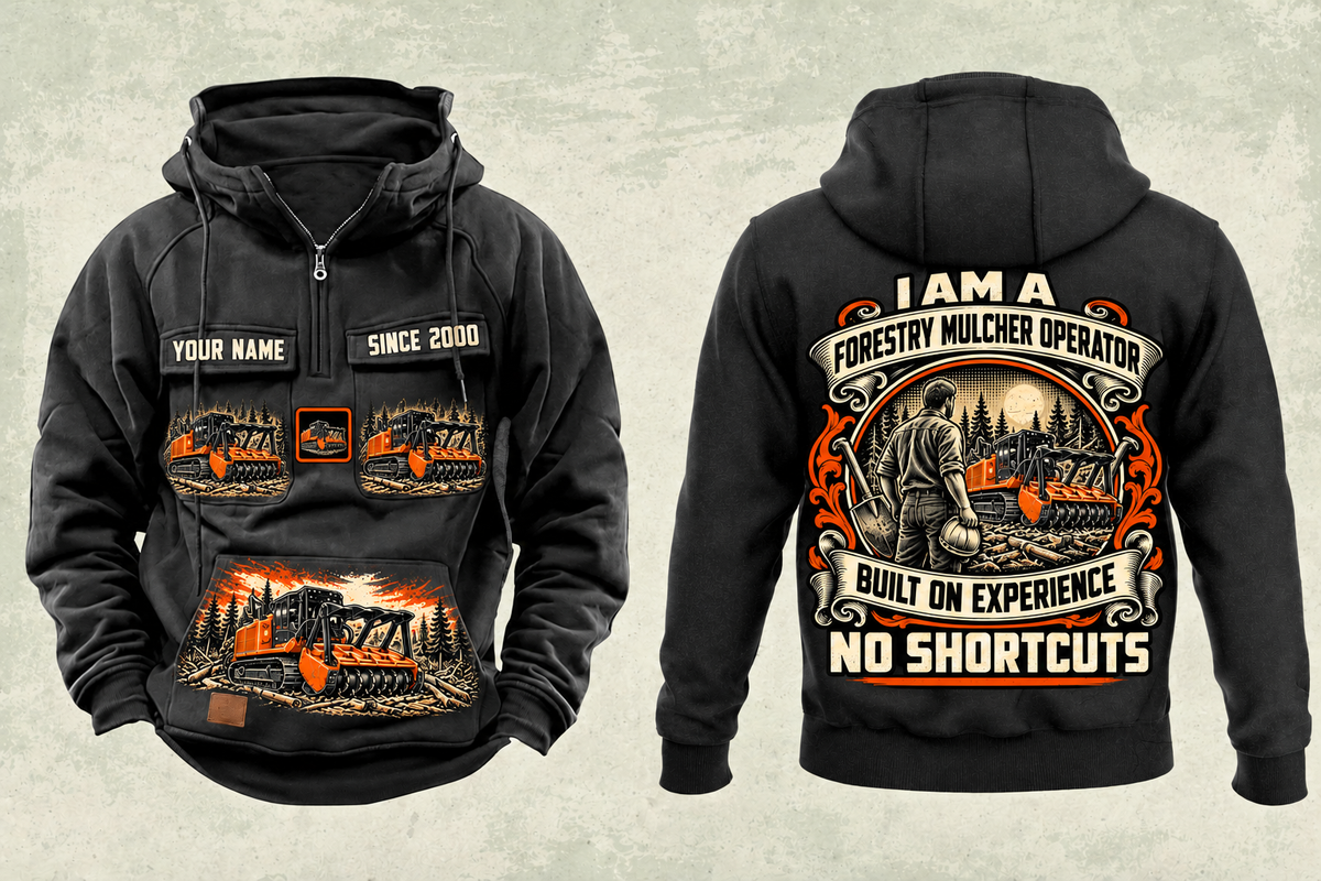 Personalized FAE PT300 Forestry Mulcher Operator Vintage Hoodie in black, front and back artwork with YOUR NAME and SINCE 2000 sample text.