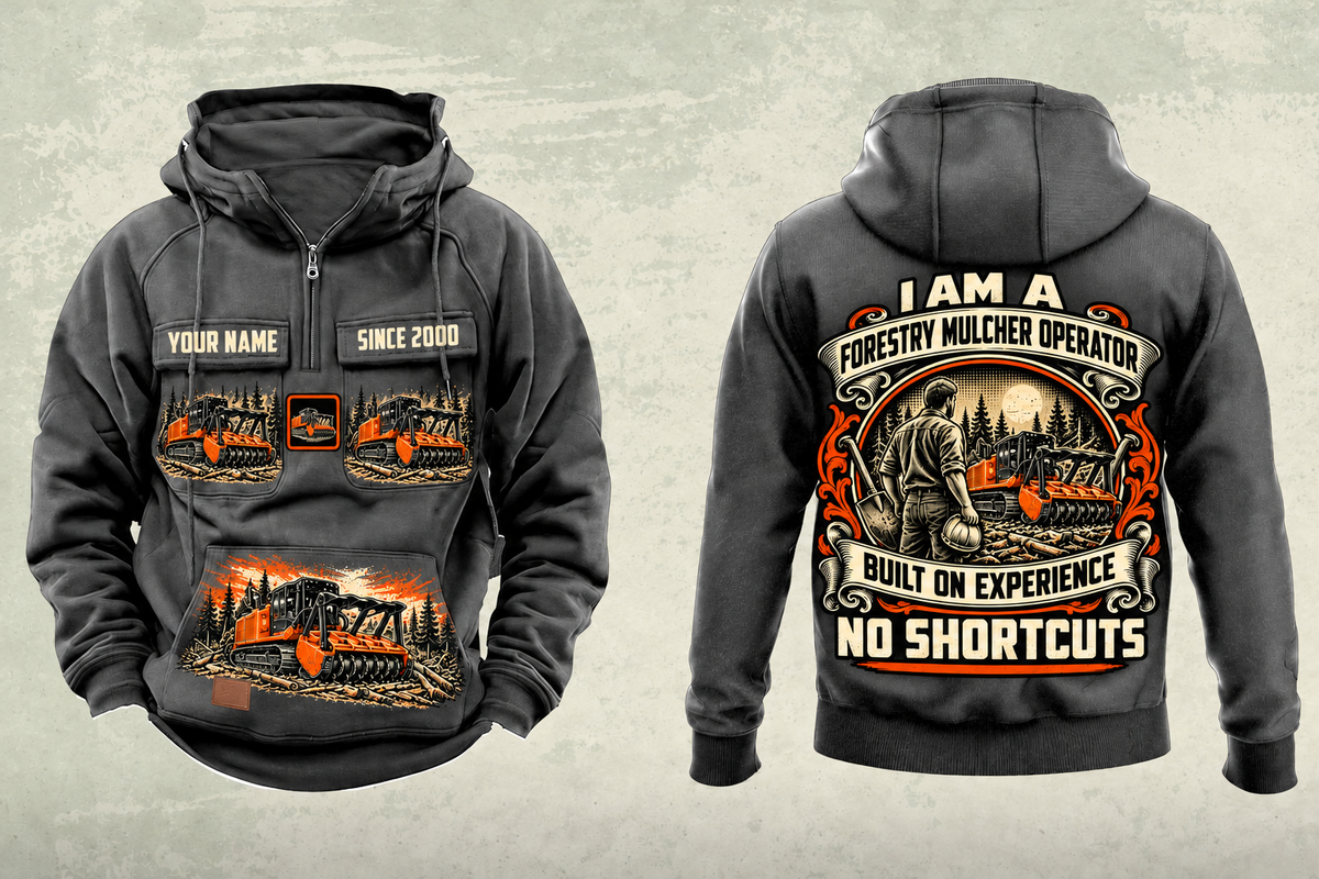 Personalized FAE PT300 Forestry Mulcher Operator Vintage Hoodie in dark-gray, front and back artwork with YOUR NAME and SINCE 2000 sample text.