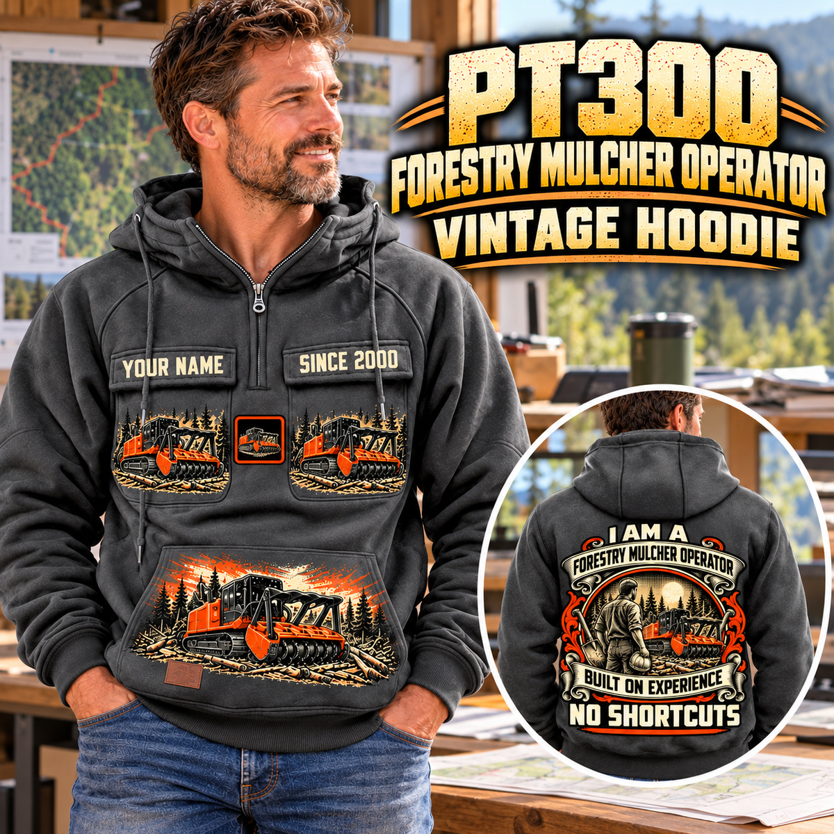 Personalized FAE PT300 Forestry Mulcher Operator Vintage Hoodie in Dark Gray, front and back artwork with YOUR NAME and SINCE 2000 sample text.