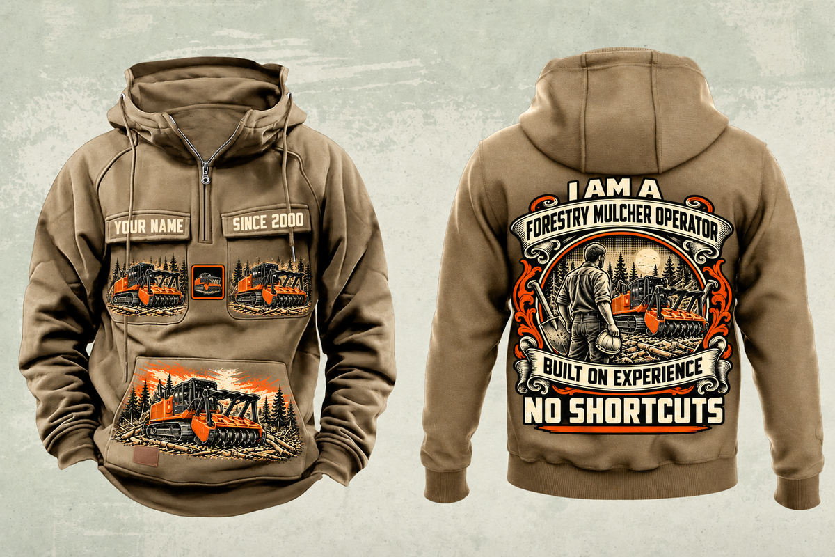 Personalized FAE PT300 Forestry Mulcher Operator Vintage Hoodie in kaki, front and back artwork with YOUR NAME and SINCE 2000 sample text.