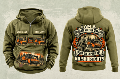 Personalized FAE PT300 Forestry Mulcher Operator Vintage Hoodie in military-green, front and back artwork with YOUR NAME and SINCE 2000 sample text.