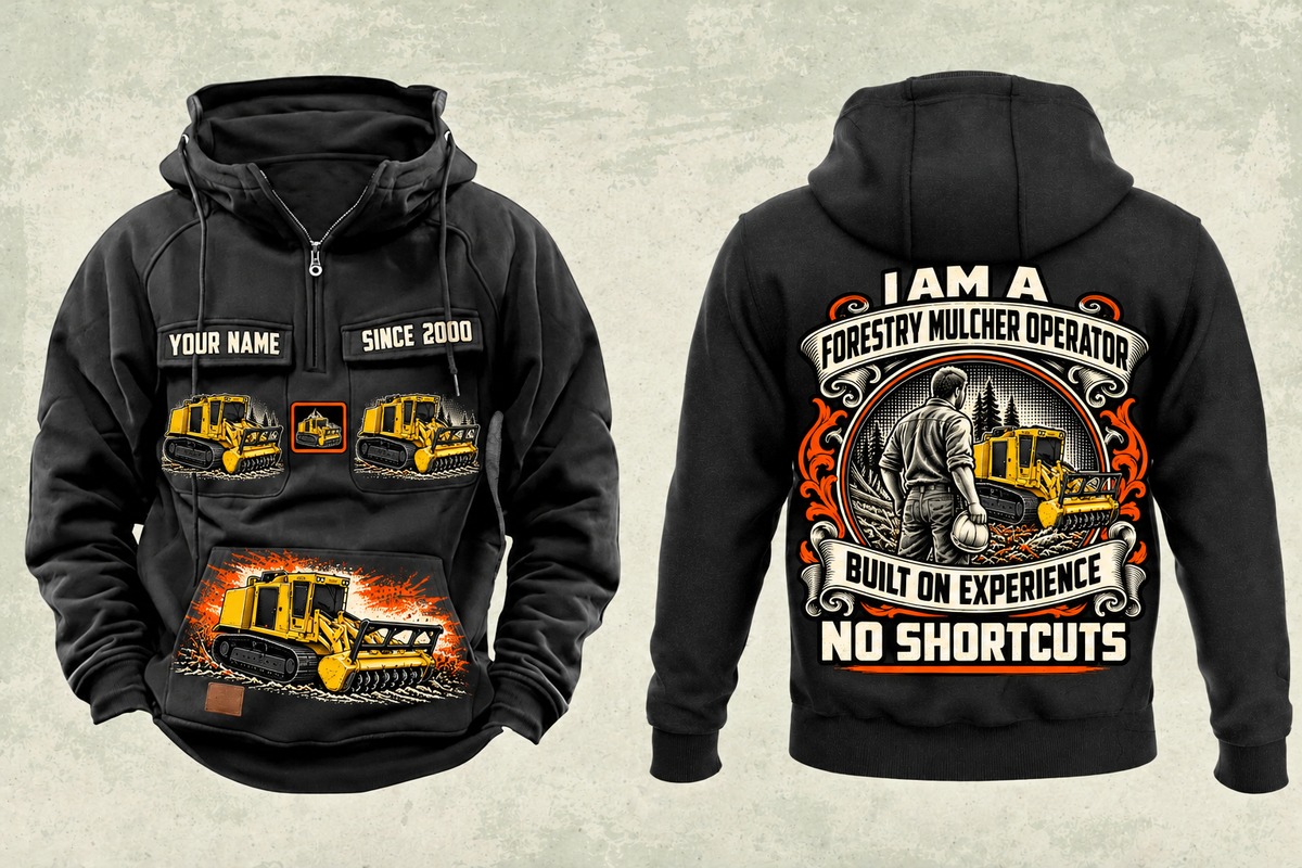 Personalized Tigercat 480B Forestry Mulcher Operator Vintage Hoodie in black, front and back artwork with YOUR NAME and SINCE 2000 sample text.