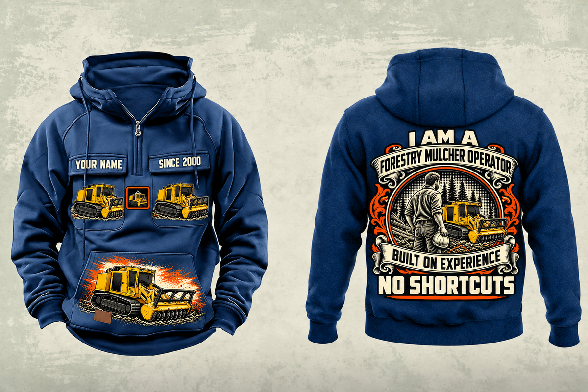Personalized Tigercat 480B Forestry Mulcher Operator Vintage Hoodie in dark-blue, front and back artwork with YOUR NAME and SINCE 2000 sample text.