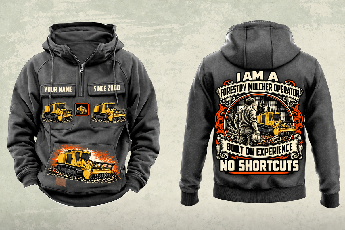 Personalized Tigercat 480B Forestry Mulcher Operator Vintage Hoodie in dark-gray, front and back artwork with YOUR NAME and SINCE 2000 sample text.
