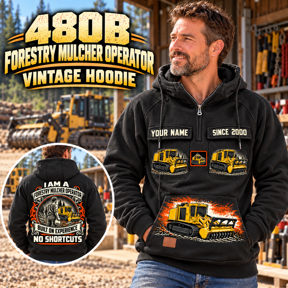 Personalized Tigercat 480B Forestry Mulcher Operator Vintage Hoodie in Black, front and back artwork with YOUR NAME and SINCE 2000 sample text.