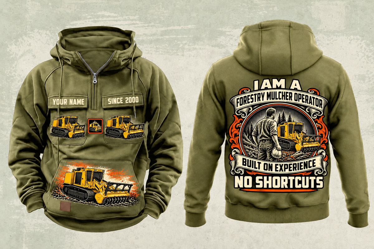 Personalized Tigercat 480B Forestry Mulcher Operator Vintage Hoodie in military-green, front and back artwork with YOUR NAME and SINCE 2000 sample text.
