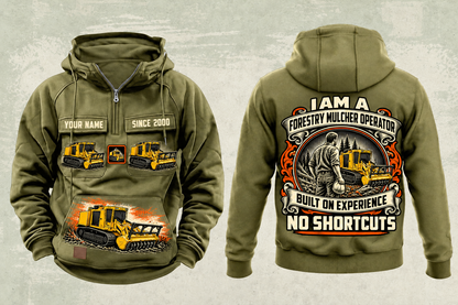Personalized Tigercat 480B Forestry Mulcher Operator Vintage Hoodie in military-green, front and back artwork with YOUR NAME and SINCE 2000 sample text.