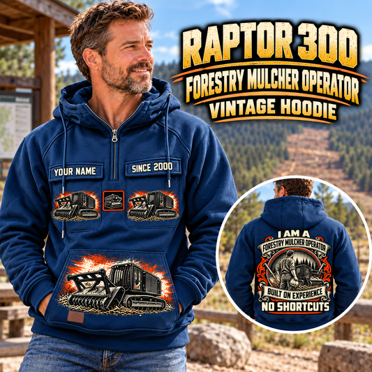 Personalized Prinoth Raptor 300 Forestry Mulcher Operator Vintage Hoodie in Dark Blue, front and back artwork with YOUR NAME and SINCE 2000 sample text.
