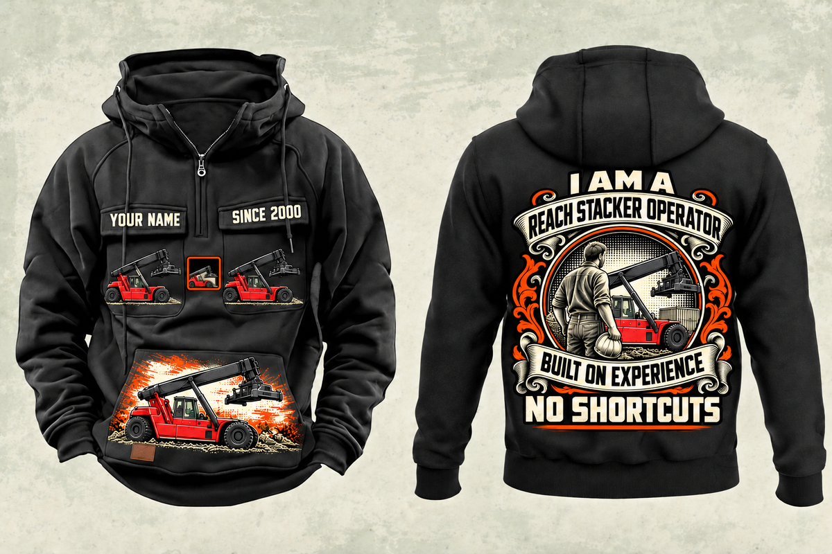 Personalized Kalmar DRG450-65S5 Reach Stacker Vintage Hoodie in black, front and back artwork with YOUR NAME and SINCE 2000 sample text.