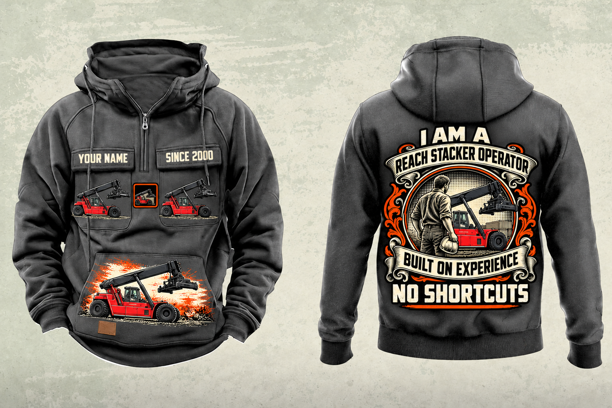 Personalized Kalmar DRG450-65S5 Reach Stacker Vintage Hoodie in dark-gray, front and back artwork with YOUR NAME and SINCE 2000 sample text.