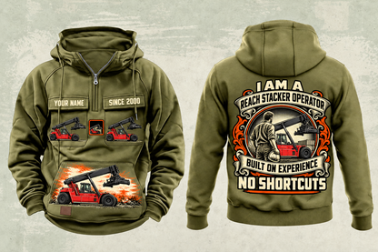 Personalized Kalmar DRG450-65S5 Reach Stacker Vintage Hoodie in military-green, front and back artwork with YOUR NAME and SINCE 2000 sample text.