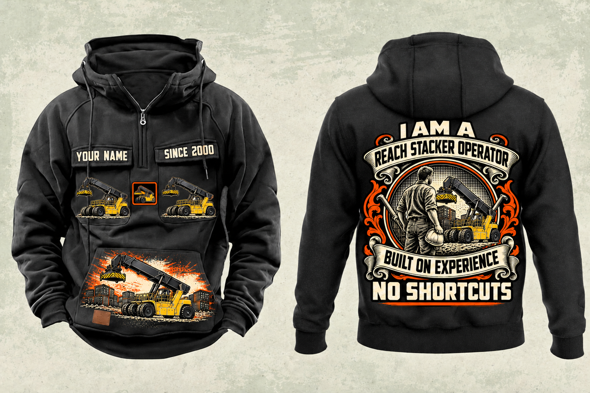 Personalized Hyster RS46-33XD/62 Reach Stacker Vintage Hoodie in black, front and back artwork with YOUR NAME and SINCE 2000 sample text.