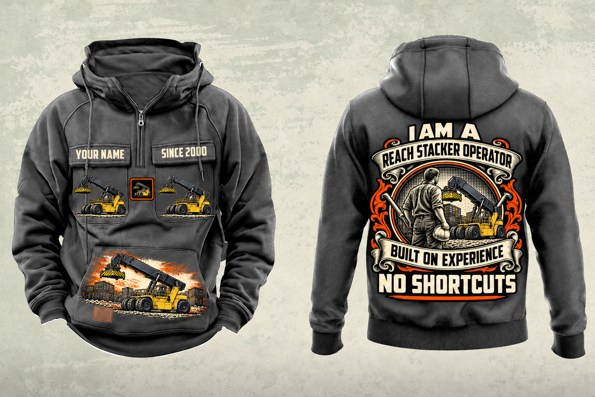 Personalized Hyster RS46-33XD/62 Reach Stacker Vintage Hoodie in dark-gray, front and back artwork with YOUR NAME and SINCE 2000 sample text.