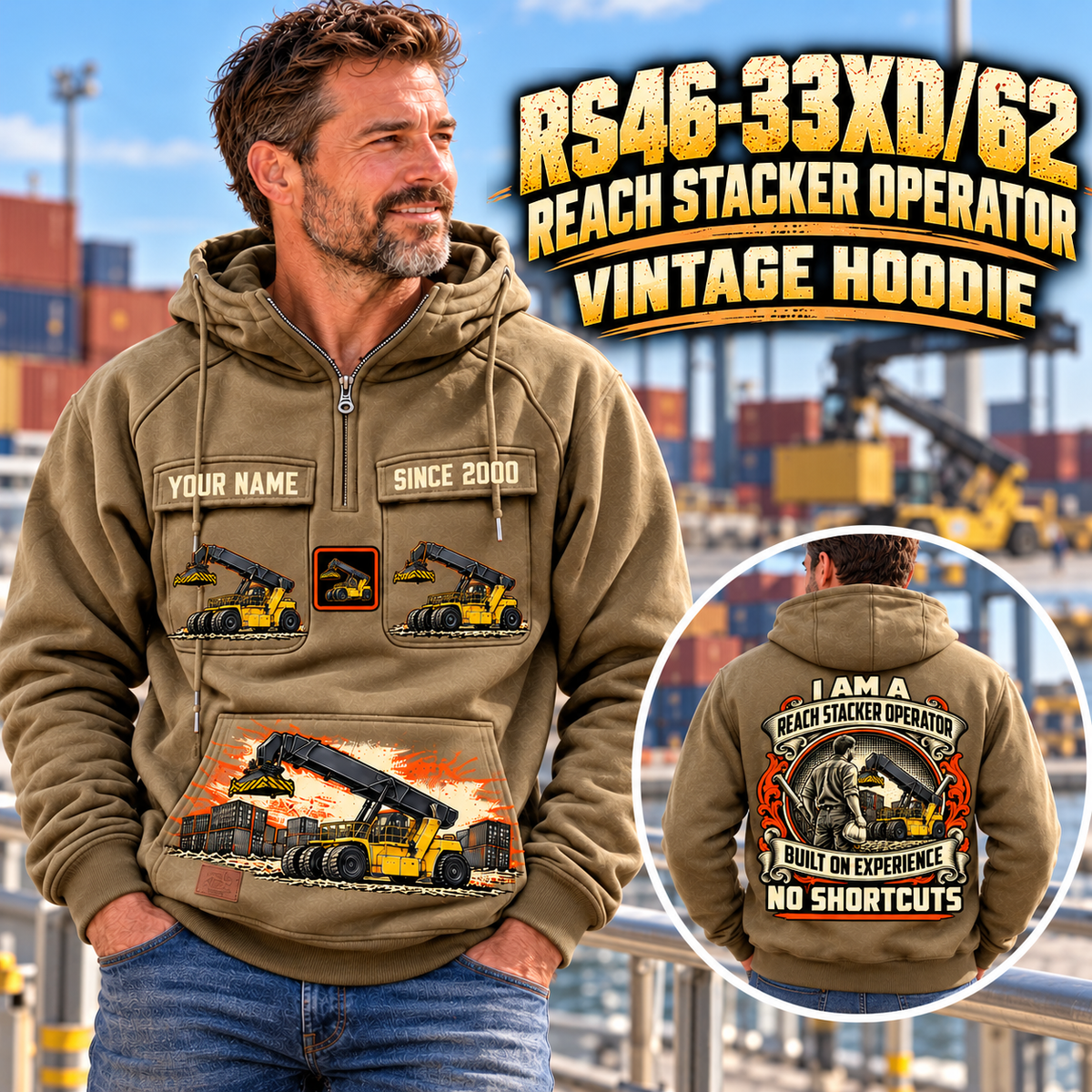 Personalized Hyster RS46-33XD/62 Reach Stacker Vintage Hoodie in Kaki, front and back artwork with YOUR NAME and SINCE 2000 sample text.