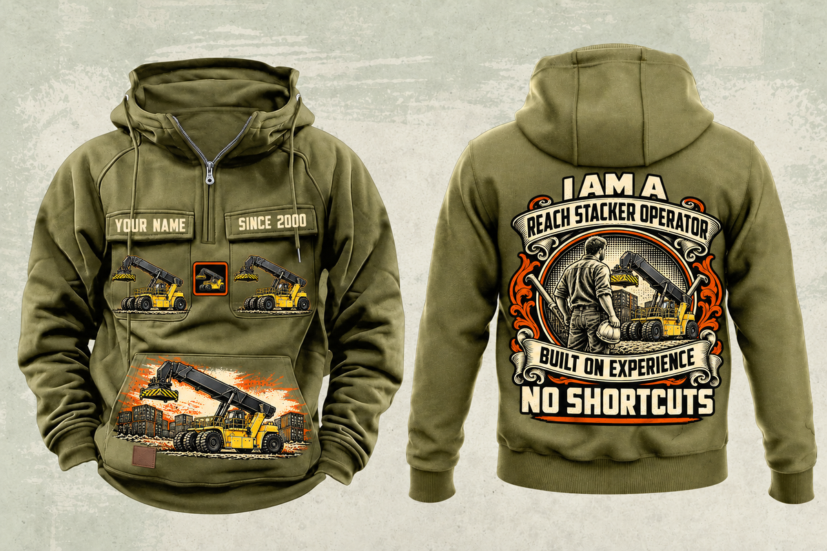 Personalized Hyster RS46-33XD/62 Reach Stacker Vintage Hoodie in military-green, front and back artwork with YOUR NAME and SINCE 2000 sample text.