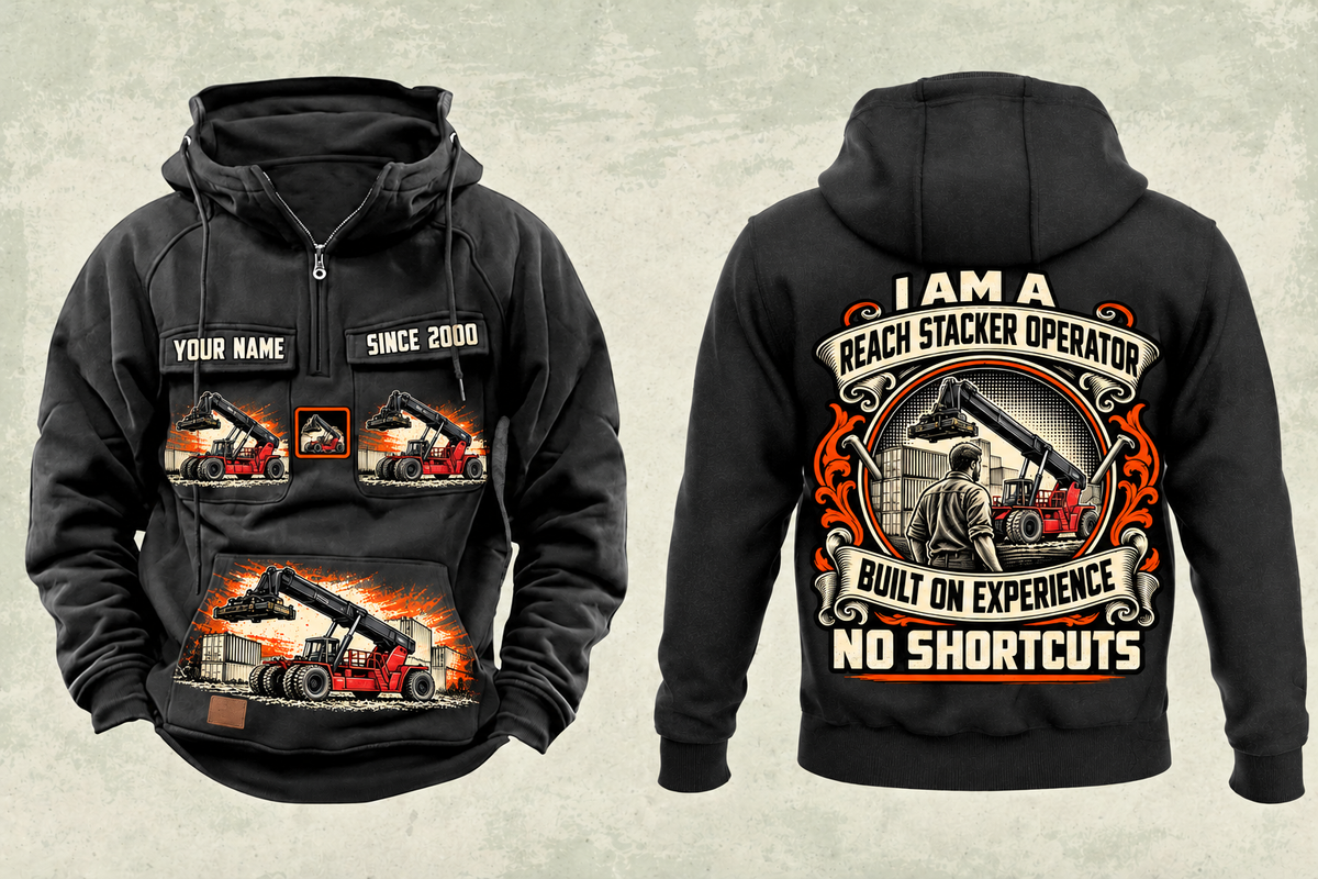Personalized Taylor XRS-9972 Reach Stacker Vintage Hoodie in black, front and back artwork with YOUR NAME and SINCE 2000 sample text.
