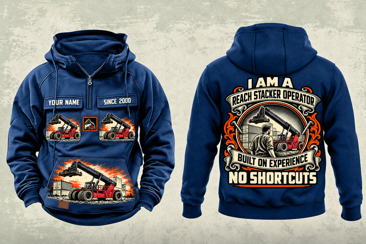 Personalized Taylor XRS-9972 Reach Stacker Vintage Hoodie in dark-blue, front and back artwork with YOUR NAME and SINCE 2000 sample text.