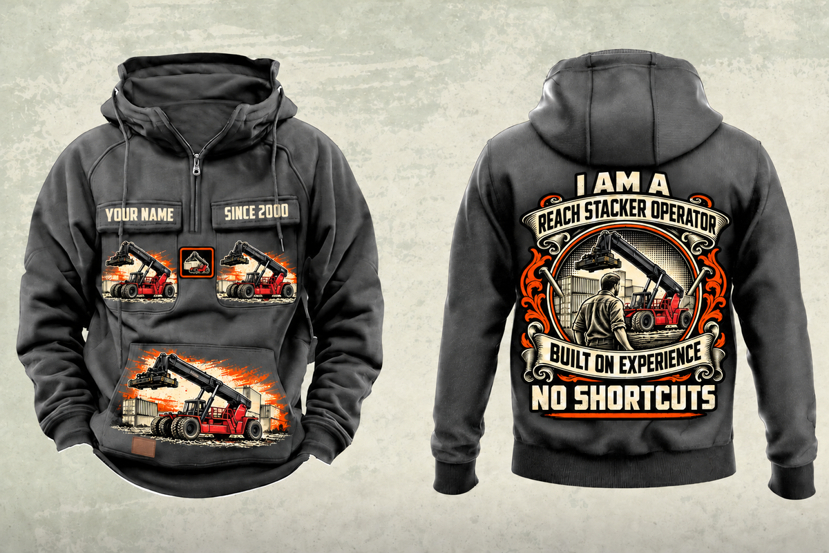Personalized Taylor XRS-9972 Reach Stacker Vintage Hoodie in dark-gray, front and back artwork with YOUR NAME and SINCE 2000 sample text.