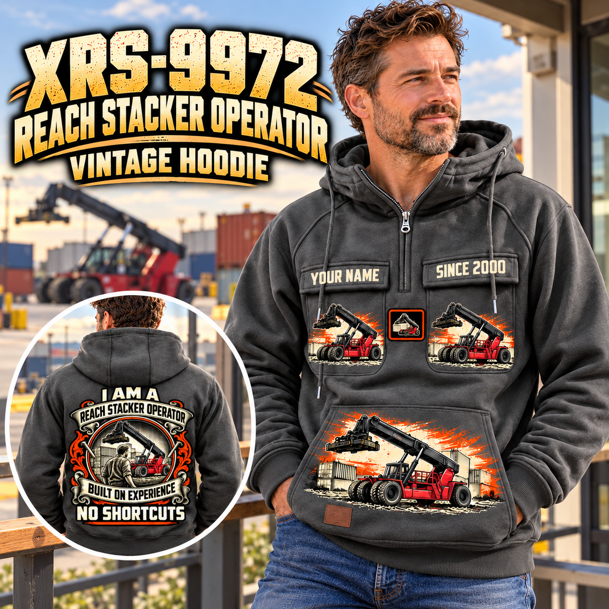 Personalized Taylor XRS-9972 Reach Stacker Vintage Hoodie in Dark Gray, front and back artwork with YOUR NAME and SINCE 2000 sample text.