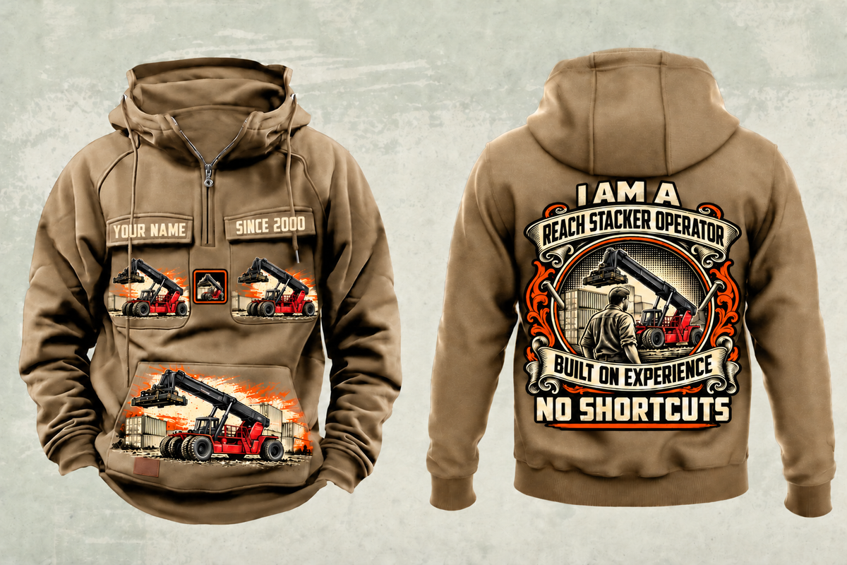 Personalized Taylor XRS-9972 Reach Stacker Vintage Hoodie in kaki, front and back artwork with YOUR NAME and SINCE 2000 sample text.