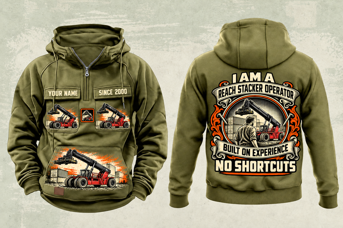 Personalized Taylor XRS-9972 Reach Stacker Vintage Hoodie in military-green, front and back artwork with YOUR NAME and SINCE 2000 sample text.