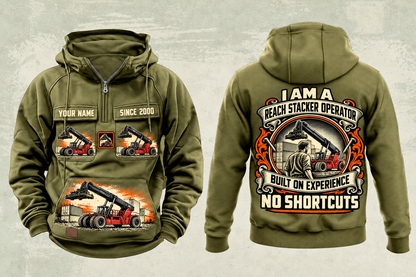 Personalized Taylor XRS-9972 Reach Stacker Vintage Hoodie in military-green, front and back artwork with YOUR NAME and SINCE 2000 sample text.