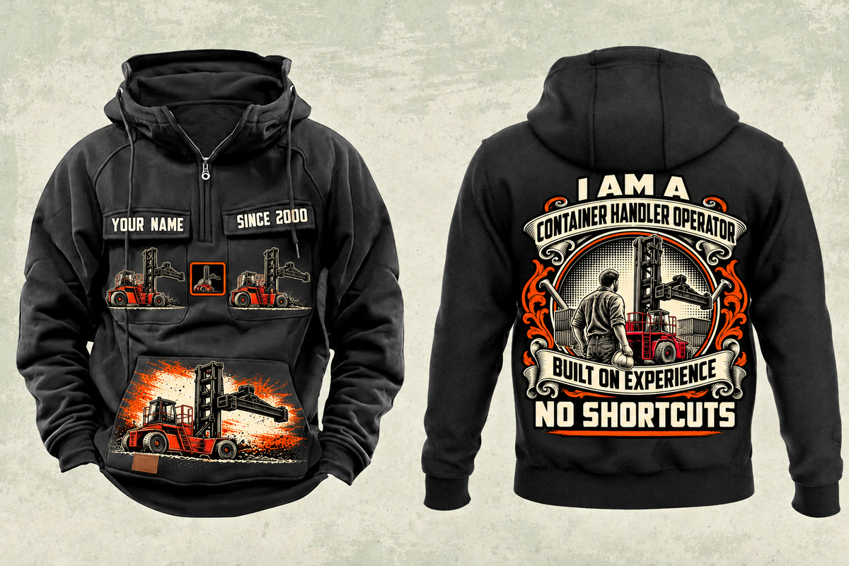Personalized Taylor XLC-975 Container Handler Vintage Hoodie in black, front and back artwork with YOUR NAME and SINCE 2000 sample text.