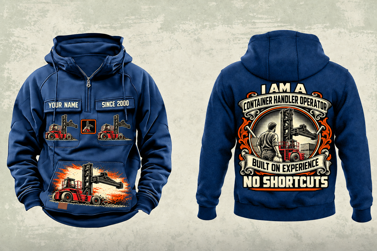 Personalized Taylor XLC-975 Container Handler Vintage Hoodie in dark-blue, front and back artwork with YOUR NAME and SINCE 2000 sample text.
