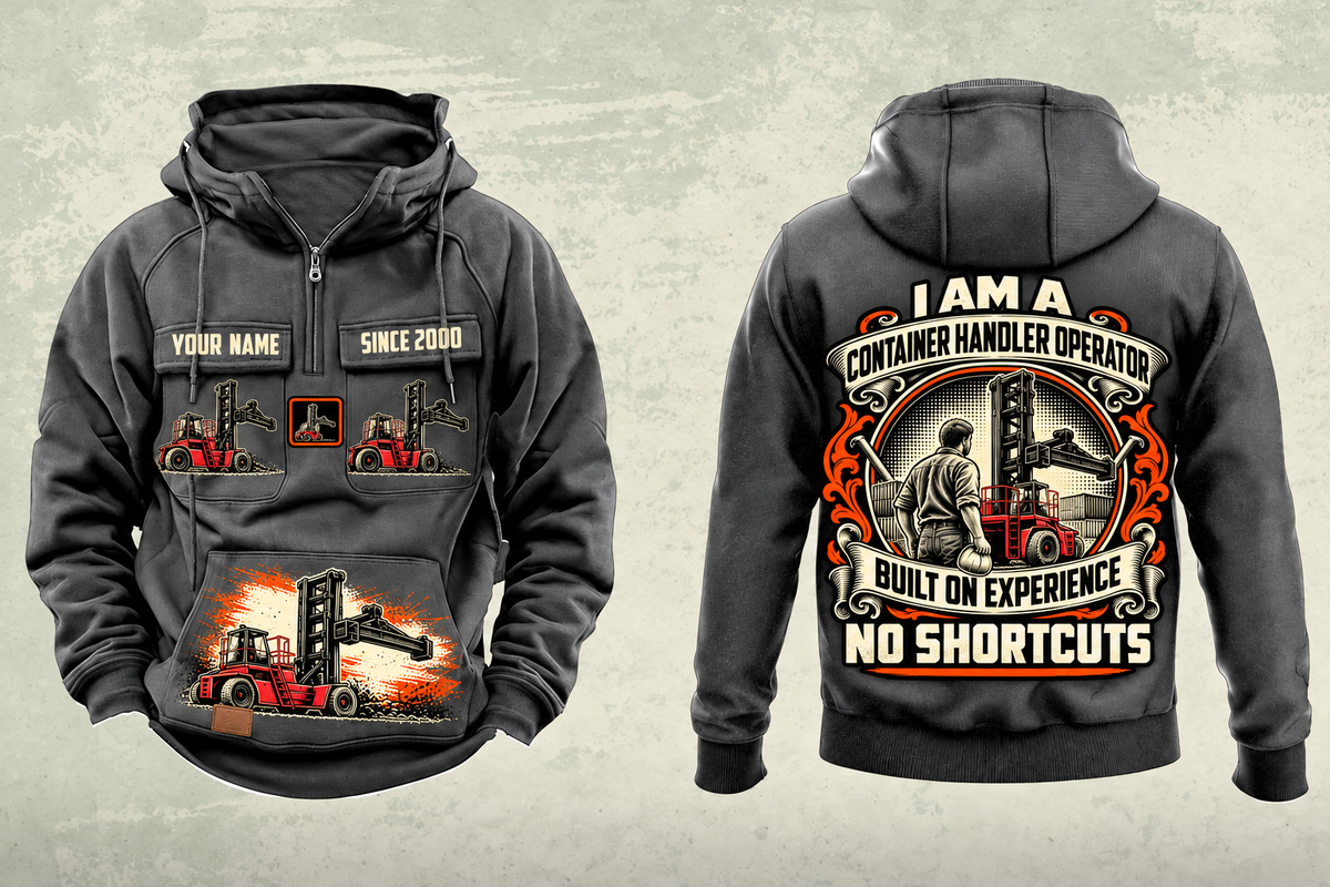 Personalized Taylor XLC-975 Container Handler Vintage Hoodie in dark-gray, front and back artwork with YOUR NAME and SINCE 2000 sample text.