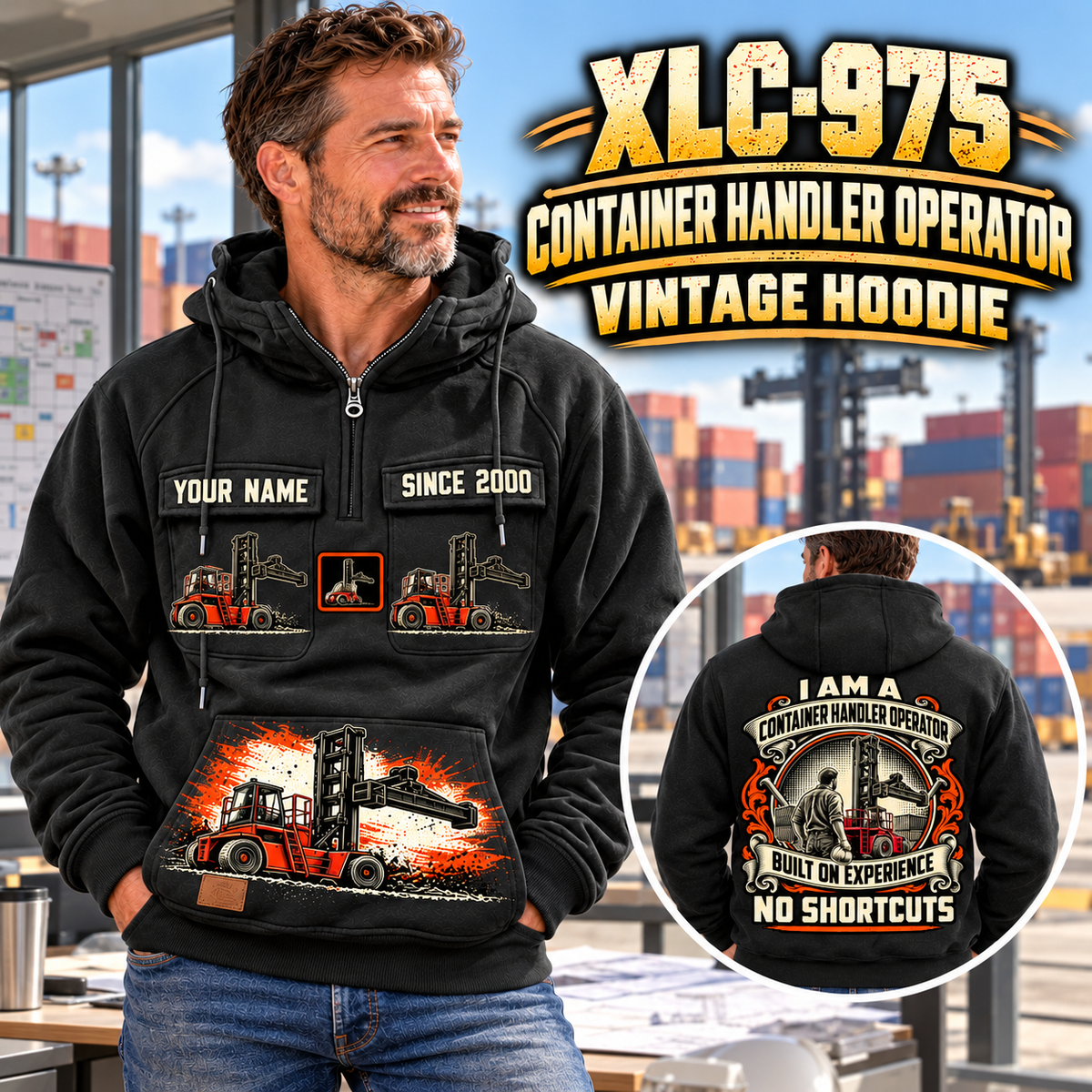 Personalized Taylor XLC-975 Container Handler Vintage Hoodie in Black, front and back artwork with YOUR NAME and SINCE 2000 sample text.