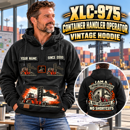 Personalized Taylor XLC-975 Container Handler Vintage Hoodie in Black, front and back artwork with YOUR NAME and SINCE 2000 sample text.
