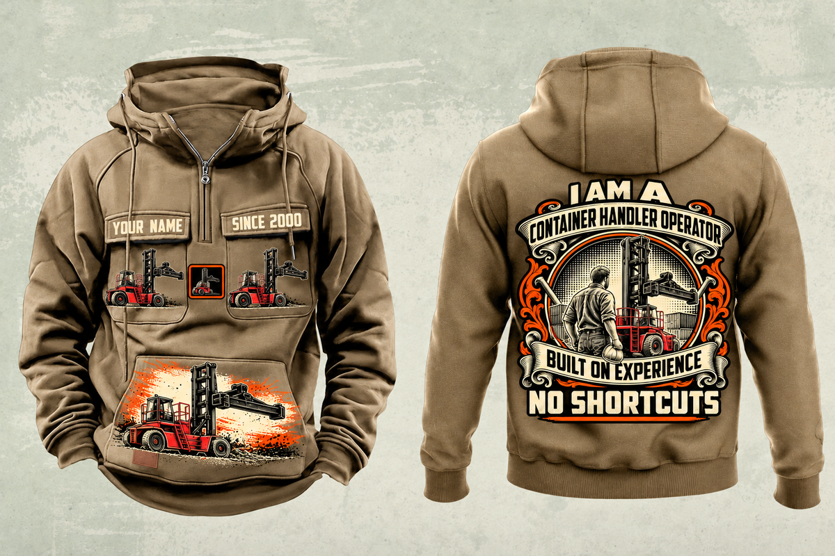 Personalized Taylor XLC-975 Container Handler Vintage Hoodie in kaki, front and back artwork with YOUR NAME and SINCE 2000 sample text.