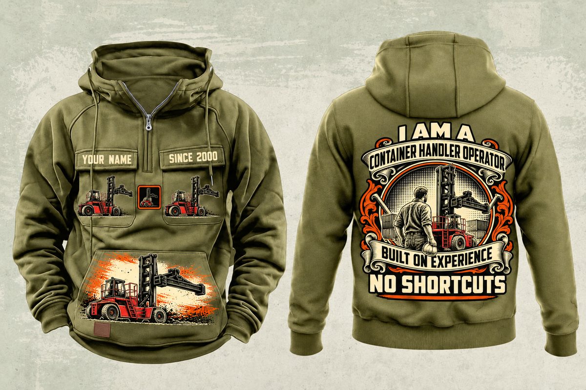 Personalized Taylor XLC-975 Container Handler Vintage Hoodie in military-green, front and back artwork with YOUR NAME and SINCE 2000 sample text.