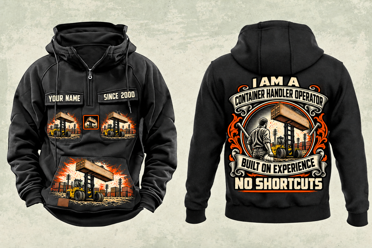 Personalized Hyster H1050XD-CH5 Container Handler Vintage Hoodie in black, front and back artwork with YOUR NAME and SINCE 2000 sample text.