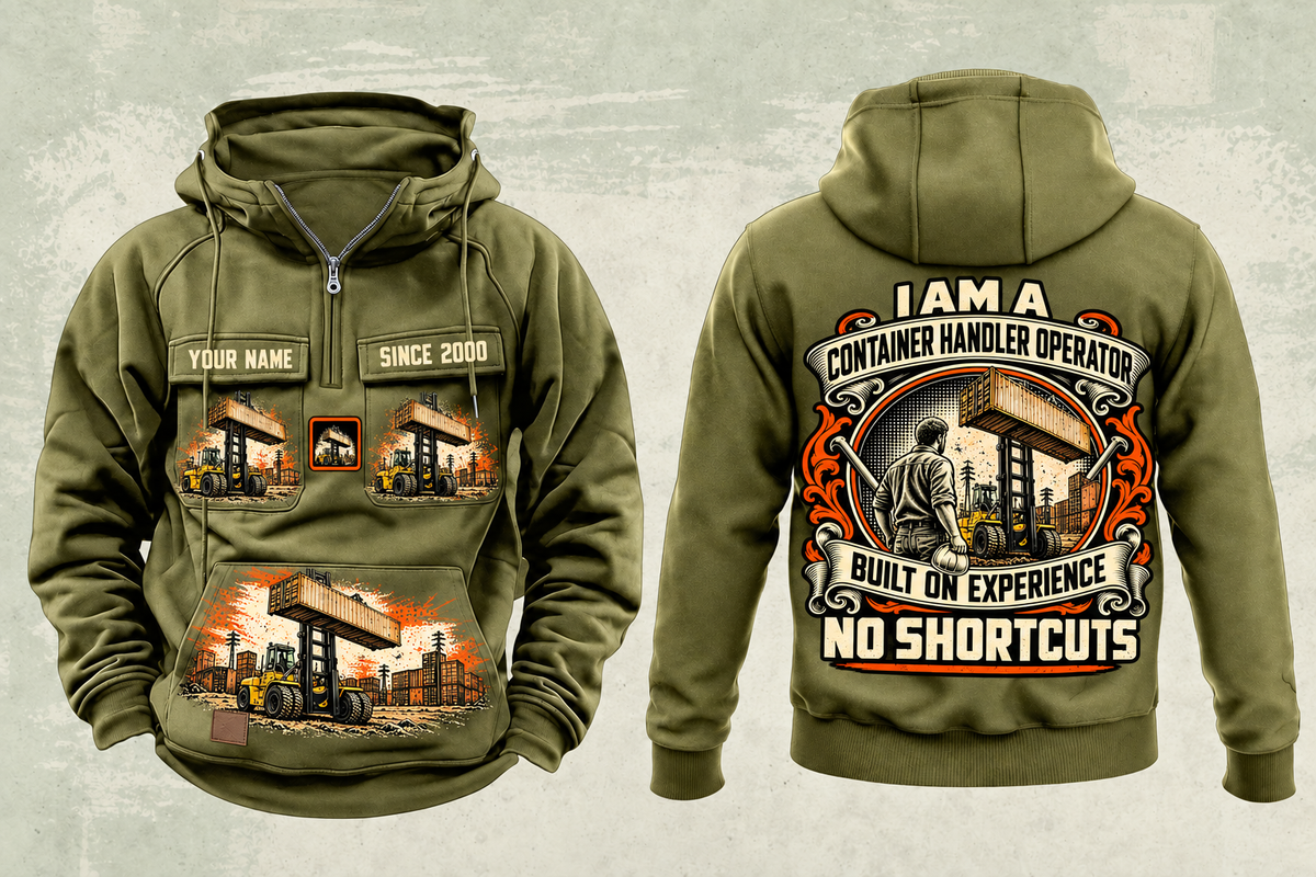 Personalized Hyster H1050XD-CH5 Container Handler Vintage Hoodie in military-green, front and back artwork with YOUR NAME and SINCE 2000 sample text.