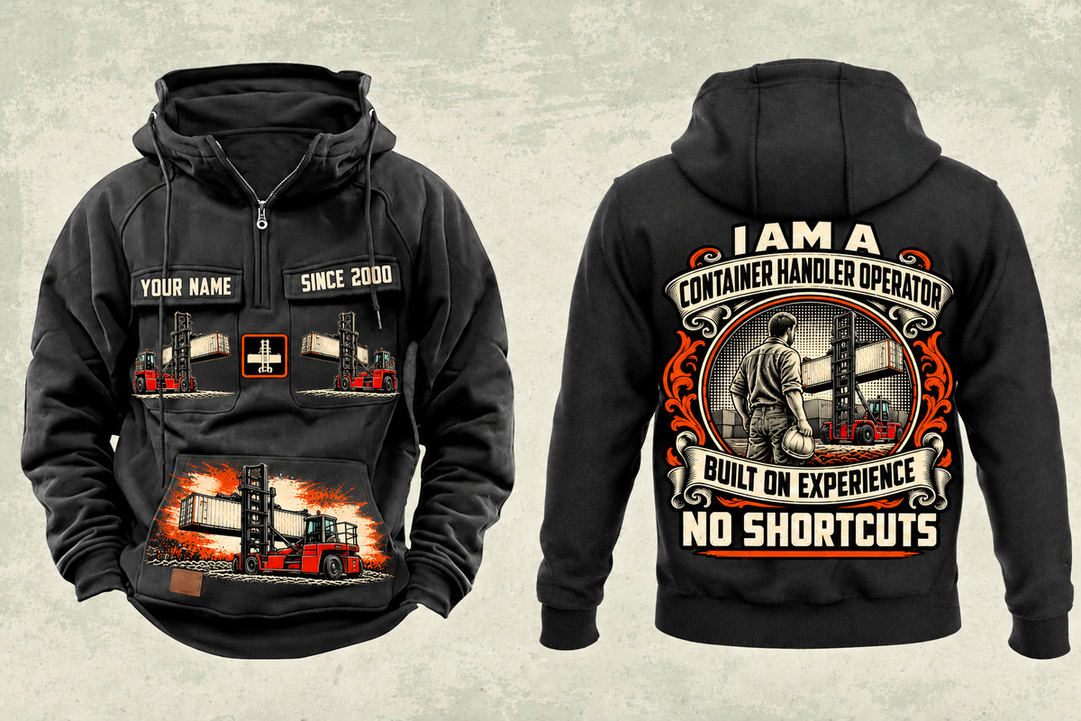 Personalized Taylor XEC-207/8 Empty Container Handler Vintage Hoodie in black, front and back artwork with YOUR NAME and SINCE 2000 sample text.