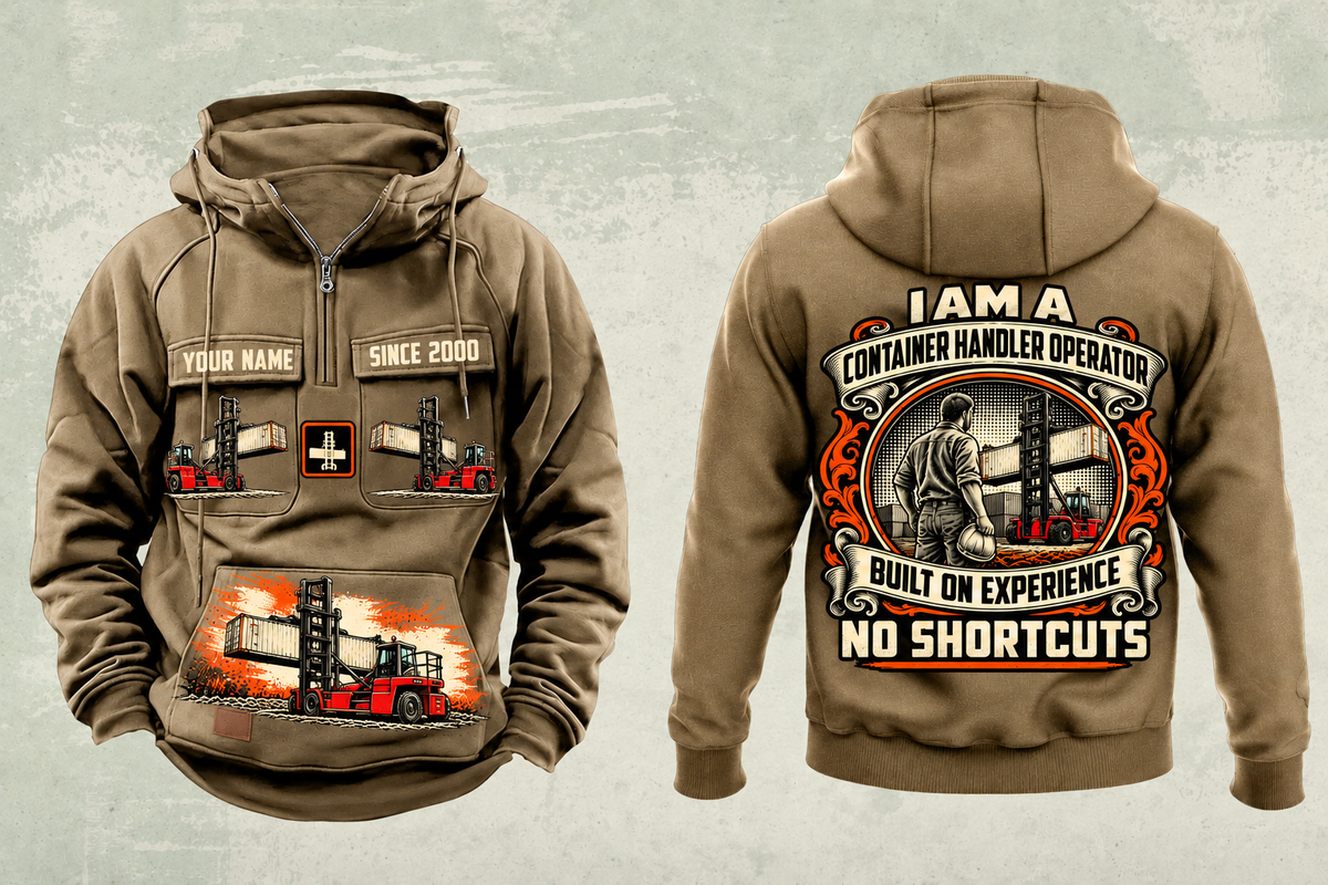 Personalized Taylor XEC-207/8 Empty Container Handler Vintage Hoodie in kaki, front and back artwork with YOUR NAME and SINCE 2000 sample text.
