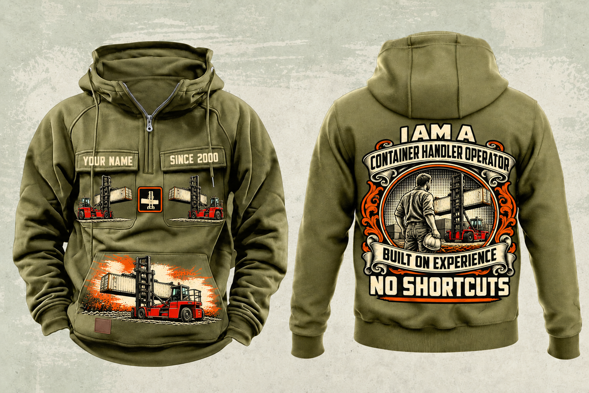 Personalized Taylor XEC-207/8 Empty Container Handler Vintage Hoodie in military-green, front and back artwork with YOUR NAME and SINCE 2000 sample text.