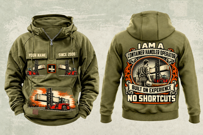 Personalized Taylor XEC-207/8 Empty Container Handler Vintage Hoodie in military-green, front and back artwork with YOUR NAME and SINCE 2000 sample text.
