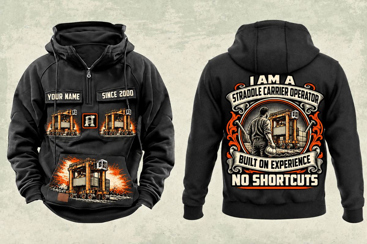 Personalized Kalmar Hybrid Straddle Carrier Vintage Hoodie - Maher Configuration in black, front and back artwork with YOUR NAME and SINCE 2000 sample text.