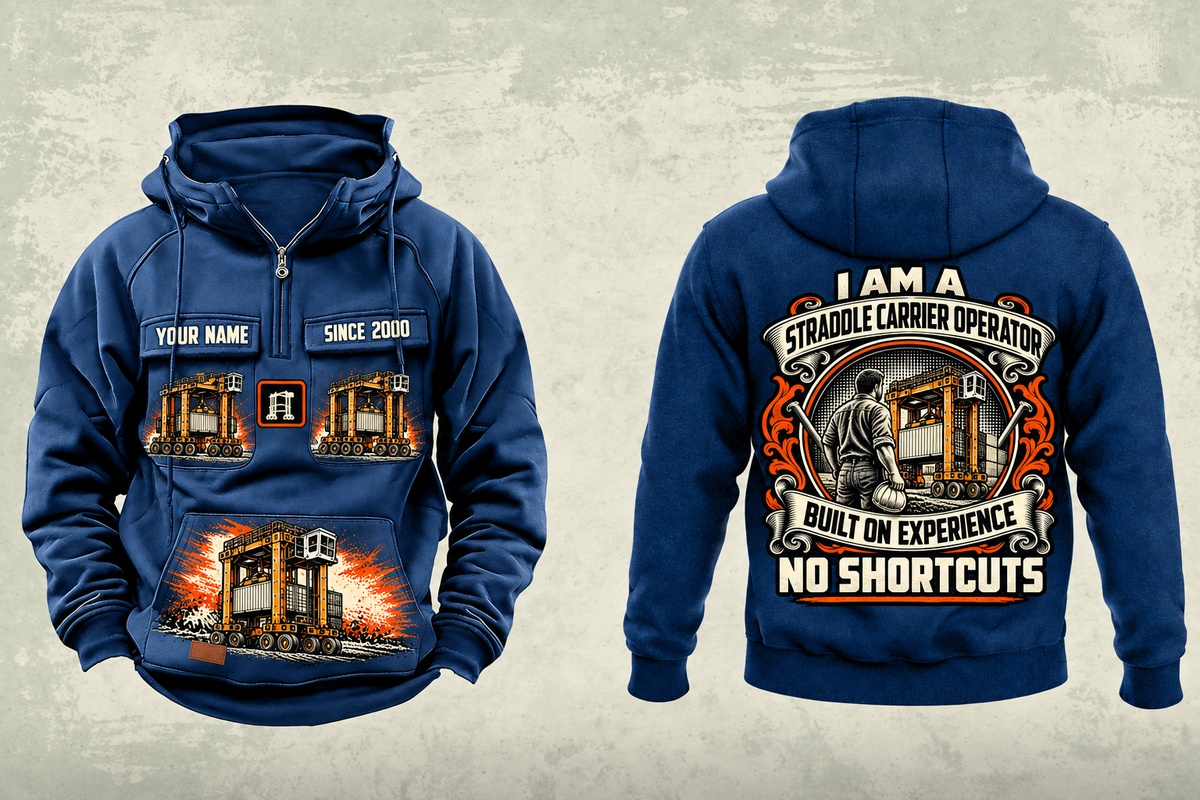 Personalized Kalmar Hybrid Straddle Carrier Vintage Hoodie - Maher Configuration in dark-blue, front and back artwork with YOUR NAME and SINCE 2000 sample text.