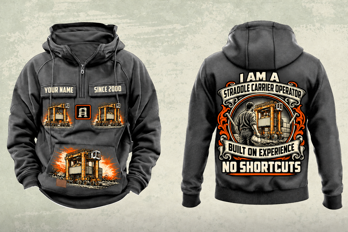 Personalized Kalmar Hybrid Straddle Carrier Vintage Hoodie - Maher Configuration in dark-gray, front and back artwork with YOUR NAME and SINCE 2000 sample text.