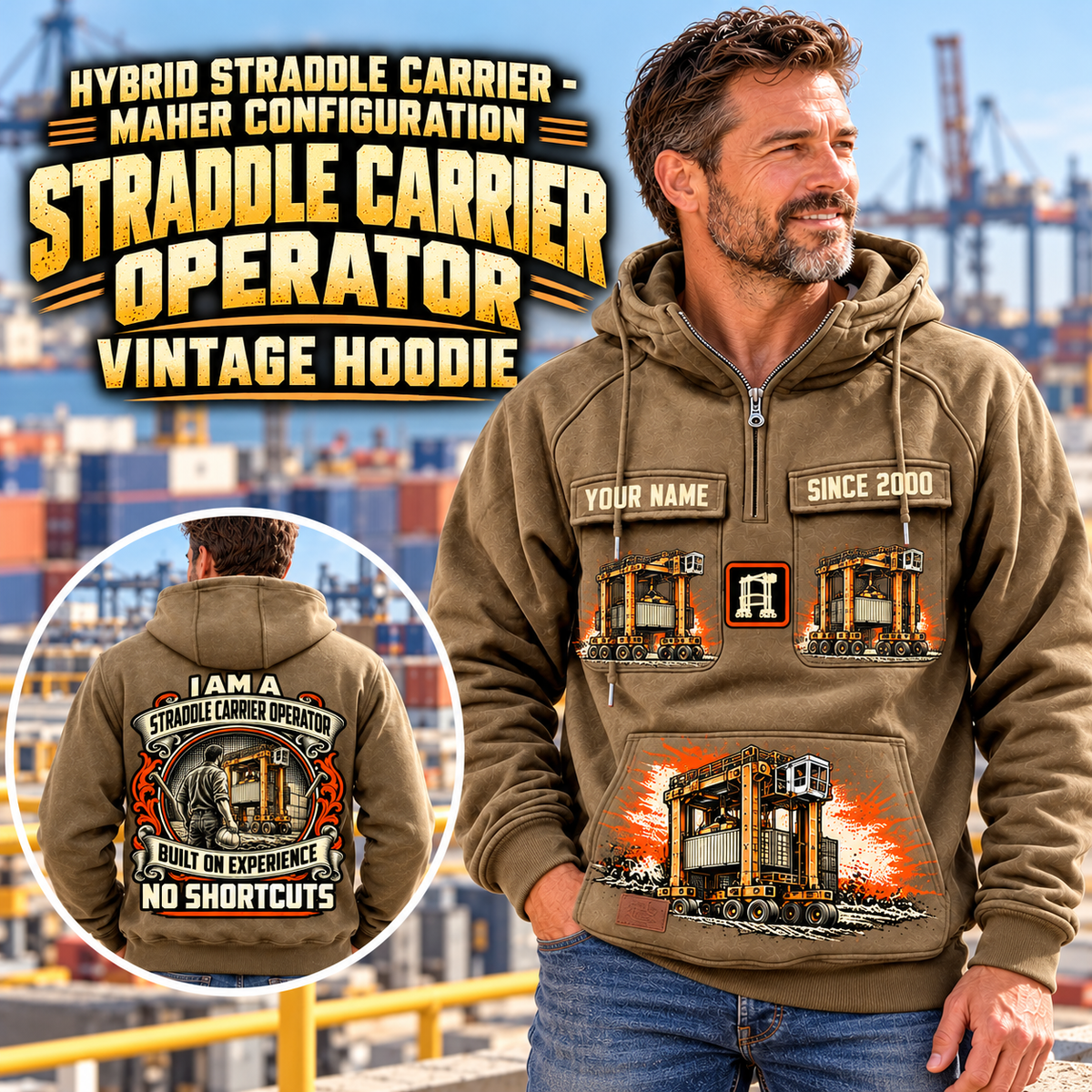 Personalized Kalmar Hybrid Straddle Carrier Vintage Hoodie - Maher Configuration in Kaki, front and back artwork with YOUR NAME and SINCE 2000 sample text.